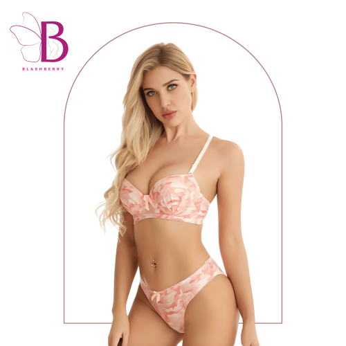 Women's Pink Camouflage Lingerie Set – Push Up Underwire Bra & Hipster Panty – Sexy 2-Piece Printed Underwear Set